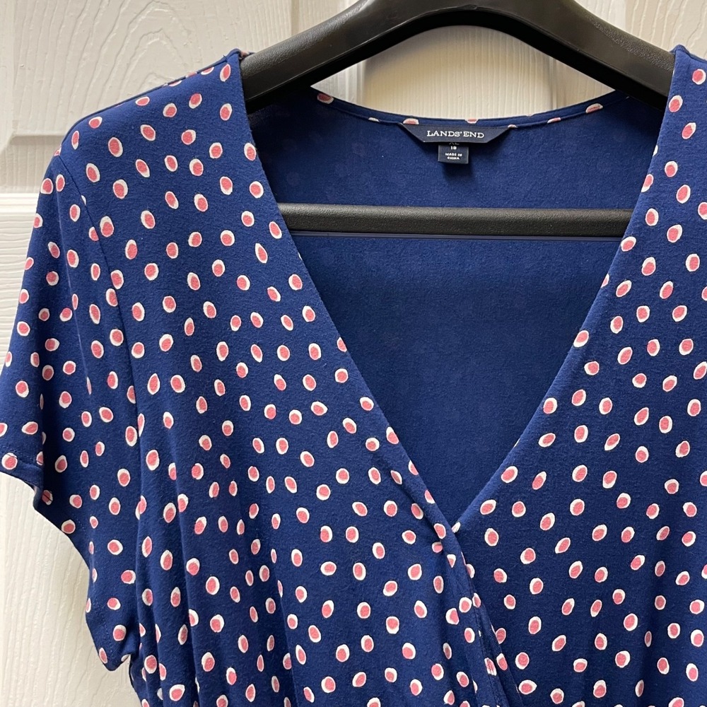 Lands End Womens Wrap Midi Dress Blue XL 18 Polka Dots VNeck Ruffled Belted Knit